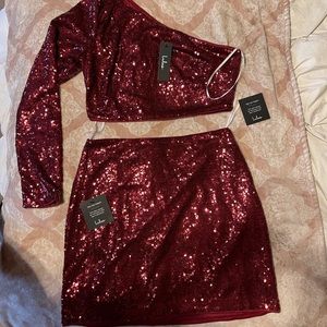 Lulu’s Burgundy Sequin One-Shoulder Two-Piece Mini Dress